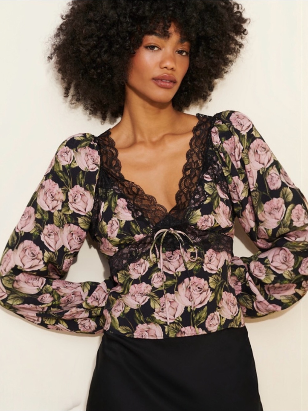 For Love & Lemons Clarisse Black Pink Roses Puff Shoulders Blouse Top XS